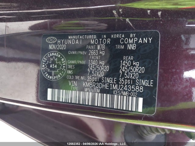 12582352 :رقم المزاد ، KM8R3DHE1MU243588 vin ، 2021 Hyundai Palisade Luxury 7-passenger Seating مزاد بيع