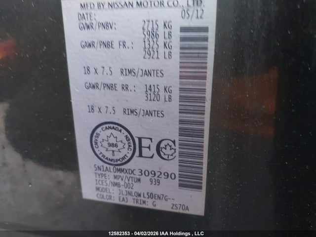12582353 :رقم المزاد ، 5N1AL0MMXDC309290 vin ، 2013 Infiniti Jx35 مزاد بيع