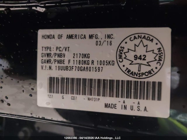 19UUB3F70GA801597 Acura TLX
