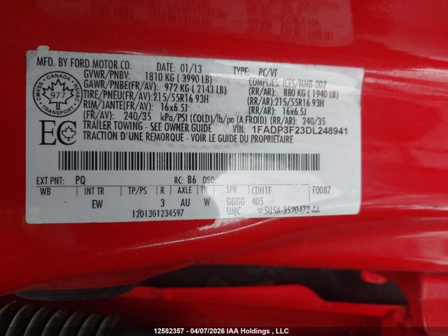 12582357 :رقم المزاد ، 1FADP3F23DL248941 vin ، 2013 Ford Focus Se مزاد بيع