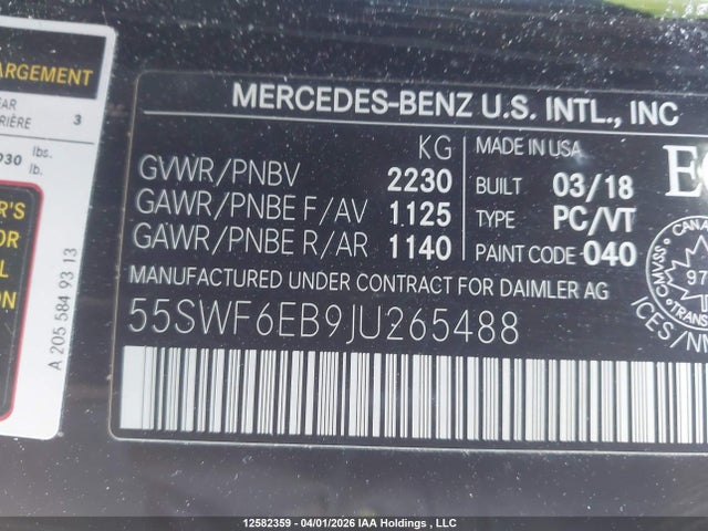 12582359 :رقم المزاد ، 55SWF6EB9JU265488 vin ، 2018 Mercedes-benz C 43 4mati Amg مزاد بيع