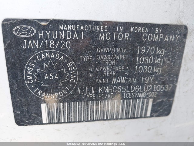 12582362 :رقم المزاد ، KMHC65LD6LU210537 vin ، 2020 Hyundai Ioniq مزاد بيع