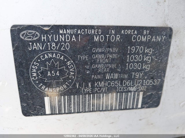 12582362 :رقم المزاد ، KMHC65LD6LU210537 vin ، 2020 Hyundai Ioniq مزاد بيع