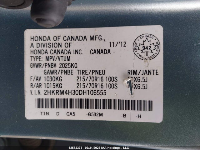 Продаж на аукціоні авто 2013 Honda Cr-v Lx, vin: 2HKRM4H30DH106555, номер лоту: 12582373
