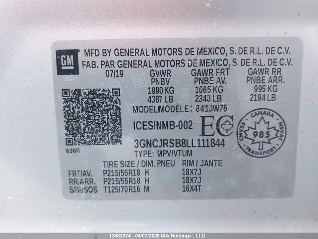 12582374 :رقم المزاد ، 3GNCJRSB8LL111844 vin ، 2020 Chevrolet Trax Premier مزاد بيع