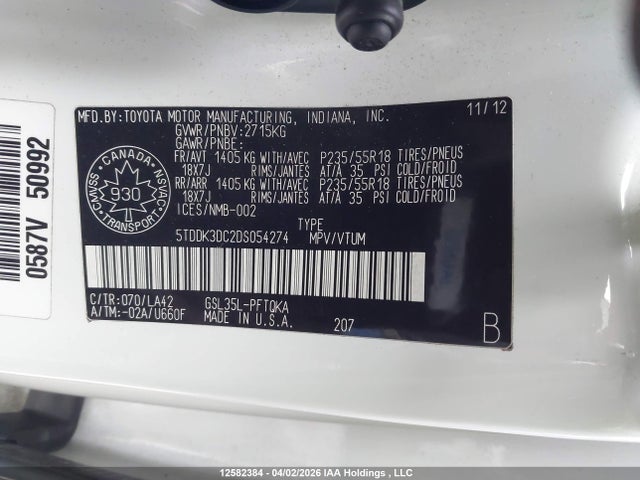 2013 Toyota Sienna მანქანა იყიდება აუქციონზე, vin: 5TDDK3DC2DS054274, აუქციონის ნომერი: 12582384