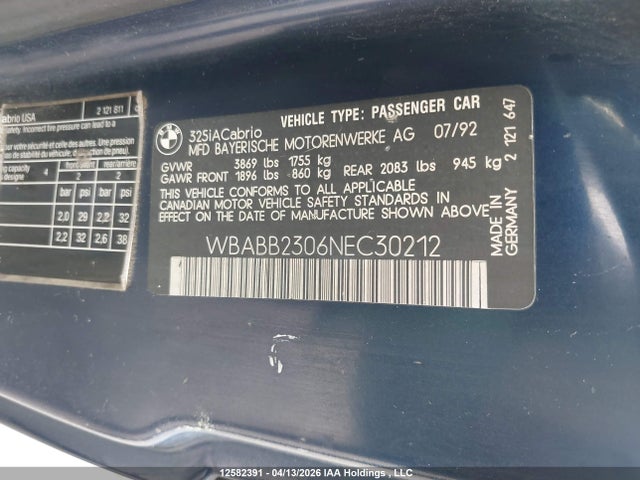 Продаж на аукціоні авто 1992 Bmw 325 Ic Automatic, vin: WBABB2306NEC30212, номер лоту: 12582391