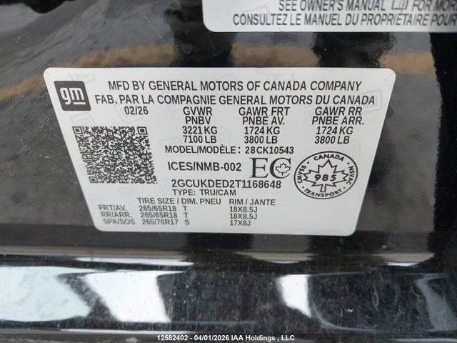 12582402 :رقم المزاد ، 2GCUKDED2T1168648 vin ، 2026 Chevrolet Silverado K1500 Lt مزاد بيع