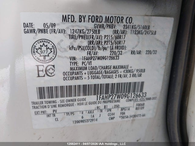 Продажа на аукционе авто 2009 Ford Taurus Sel, vin: 1FAHP27W09G126633, номер лота: 12582411