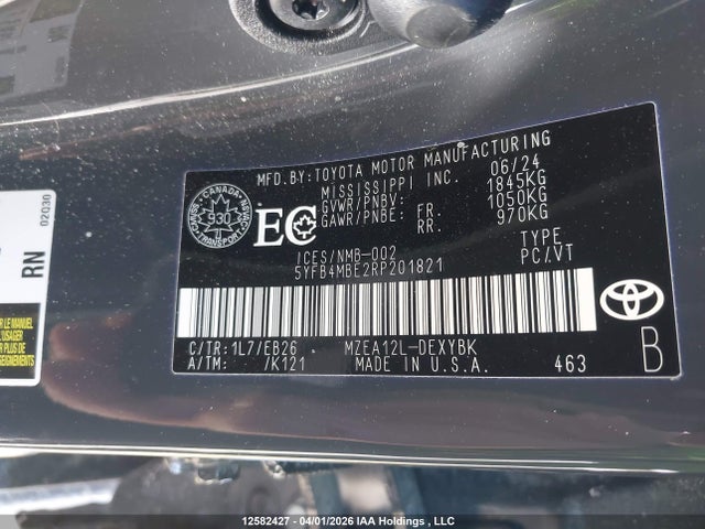 2024 Toyota Corolla მანქანა იყიდება აუქციონზე, vin: 5YFB4MBE2RP201821, აუქციონის ნომერი: 12582427