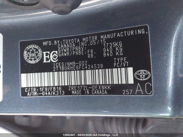 12582441 :رقم المزاد ، 2T1BURHE6FC424539 vin ، 2015 Toyota Corolla Le مزاد بيع
