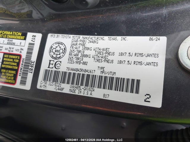 Продаж на аукціоні авто 2024 Toyota Sequoia Sr5/ltd/platinum/capstone/trd Pro, vin: 7SVAAABA3RX041617, номер лоту: 12582461