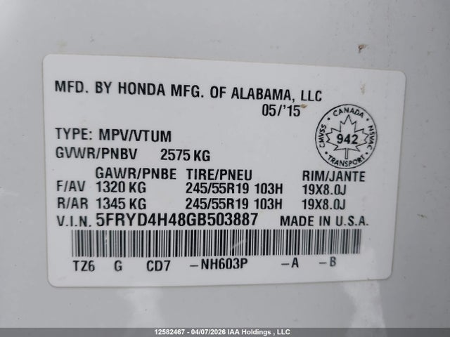 Aukcja sprzedaży 2016 Acura Mdx, vin: 5FRYD4H48GB503887, numer aukcji: 12582467