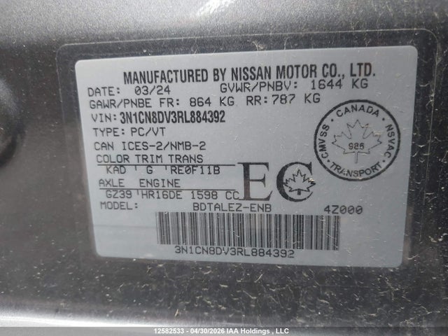 Auction sale of the 2024 Nissan Versa S, vin: 3N1CN8DV3RL884392, lot number: 12582533