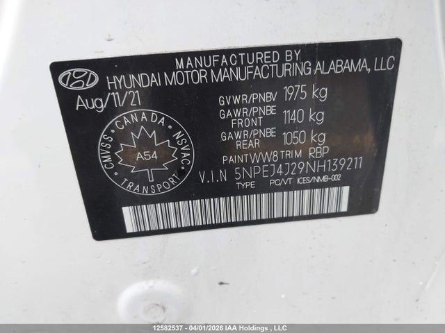 Продажа на аукционе авто 2022 Hyundai Sonata, vin: 5NPEJ4J29NH139211, номер лота: 12582537