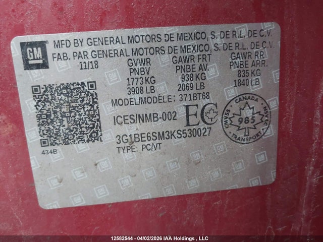 3G1BE6SM3KS530027 Chevrolet CRUZE LT