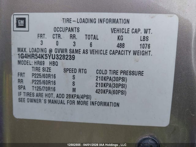Aukcja sprzedaży 2000 Buick Lesabre Limited, vin: 1G4HR54K5YU328239, numer aukcji: 12582555