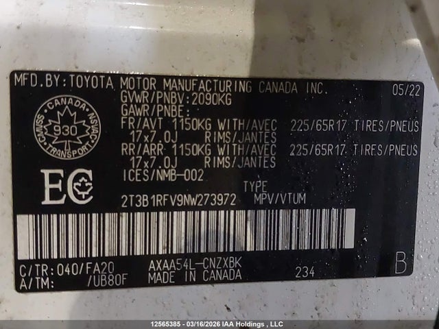 Aukcja sprzedaży 2022 Toyota Rav4 Le, vin: 2T3B1RFV9NW273972, numer aukcji: 12565385