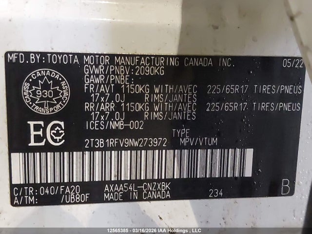 Aukcja sprzedaży 2022 Toyota Rav4 Le, vin: 2T3B1RFV9NW273972, numer aukcji: 12565385