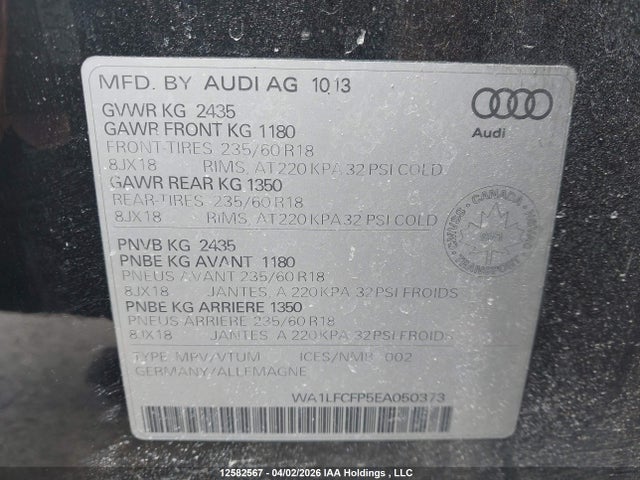 Aukcja sprzedaży 2014 Audi Q5 2.0 Progressiv, vin: WA1LFCFP5EA050373, numer aukcji: 12582567