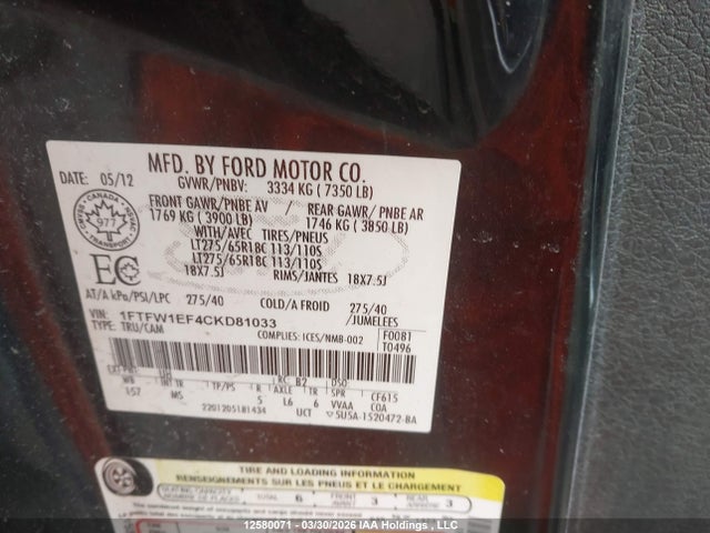 12580071 :رقم المزاد ، 1FTFW1EF4CKD81033 vin ، 2012 Ford F-150 Xlt مزاد بيع