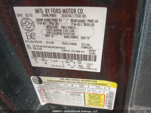 12580071 :رقم المزاد ، 1FTFW1EF4CKD81033 vin ، 2012 Ford F-150 Xlt مزاد بيع