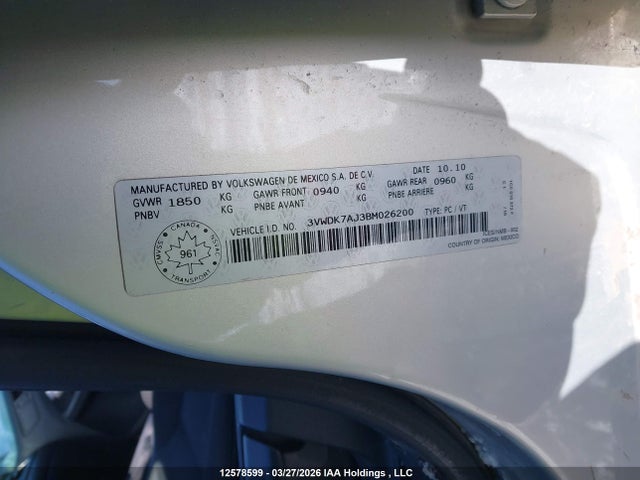 12578599 :رقم المزاد ، 3VWDK7AJ3BM026200 vin ، 2011 Volkswagen Jetta 2.0l Comfortline مزاد بيع