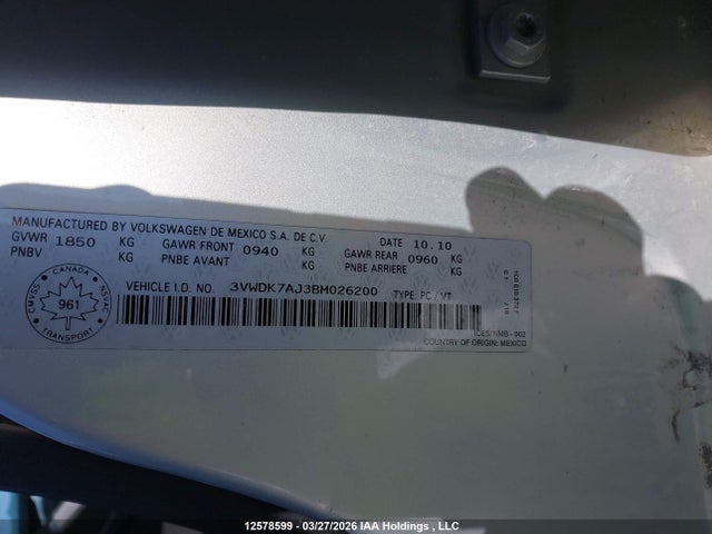 12578599 :رقم المزاد ، 3VWDK7AJ3BM026200 vin ، 2011 Volkswagen Jetta 2.0l Comfortline مزاد بيع