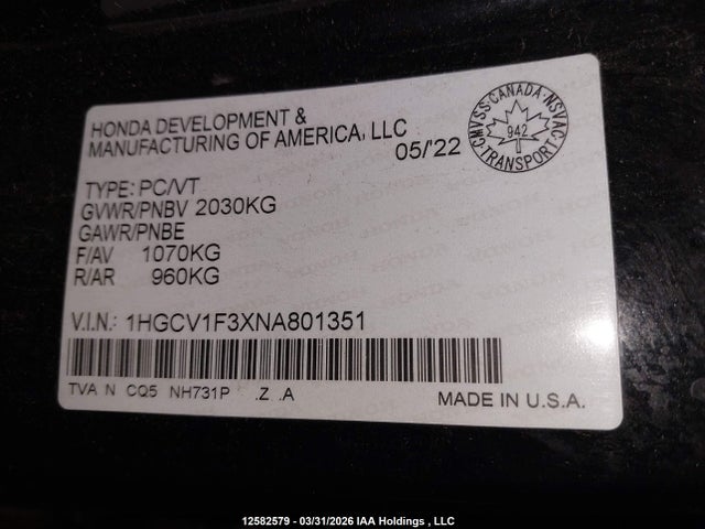 1HGCV1F3XNA801351 Honda Accord Sport