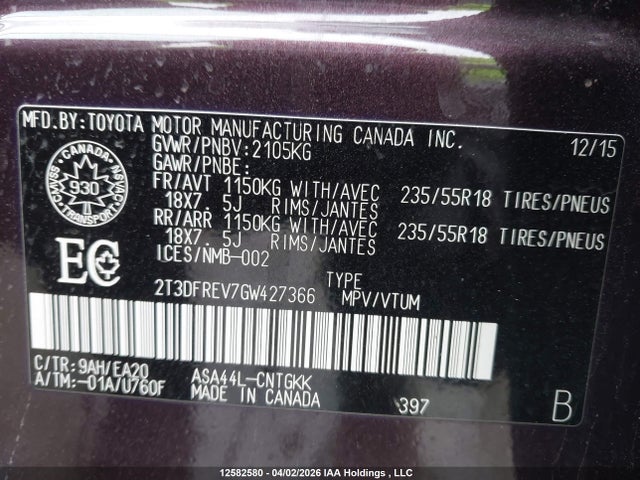 12582580 :رقم المزاد ، 2T3DFREV7GW427366 vin ، 2016 Toyota Rav4 Limited مزاد بيع