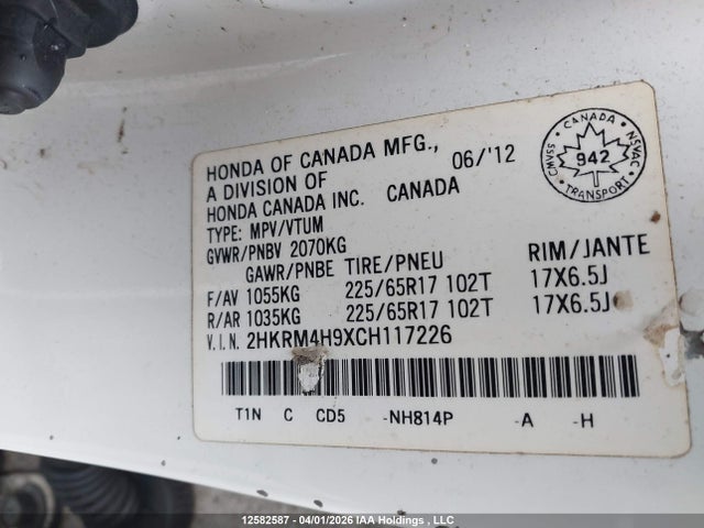 Aukcja sprzedaży 2012 Honda Cr-v, vin: 2HKRM4H9XCH117226, numer aukcji: 12582587