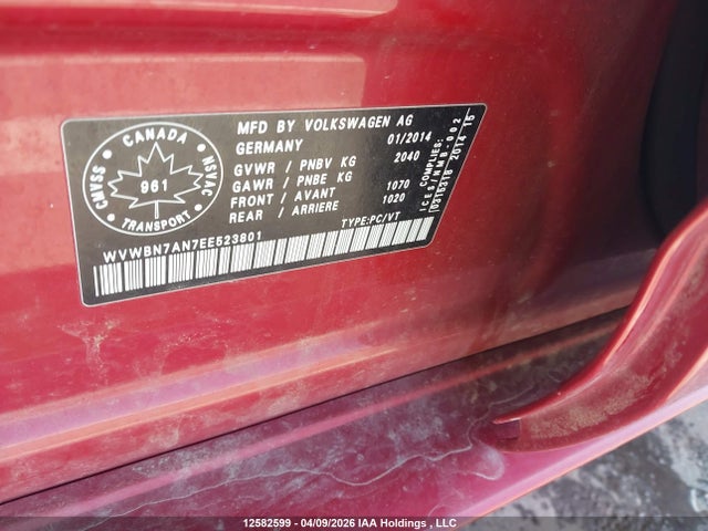 12582599 :رقم المزاد ، WVWBN7AN7EE523801 vin ، 2014 Volkswagen Passat Cc مزاد بيع