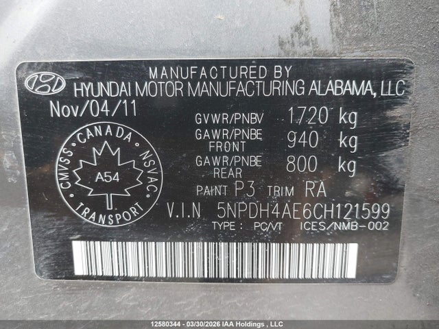 Продажа на аукционе авто 2012 Hyundai Elantra Gl, vin: 5NPDH4AE6CH121599, номер лота: 12580344