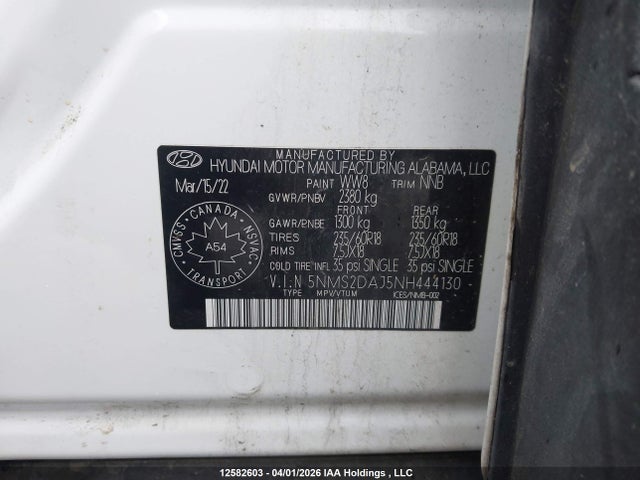 12582603 :رقم المزاد ، 5NMS2DAJ5NH444130 vin ، 2022 Hyundai Santa Fe Essential Awd مزاد بيع