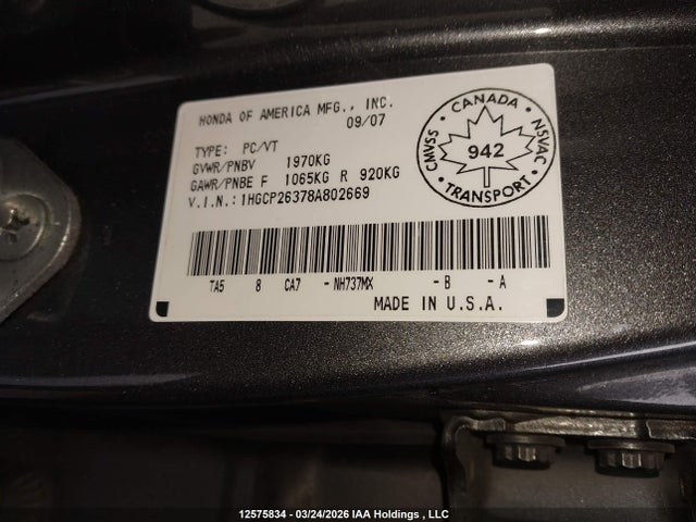 12575834 :رقم المزاد ، 1HGCP26378A802669 vin ، 2008 Honda Accord Lx مزاد بيع