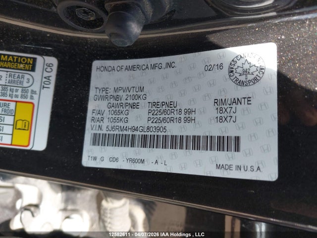 Продаж на аукціоні авто 2016 Honda Cr-v, vin: 5J6RM4H94GL803905, номер лоту: 12582611