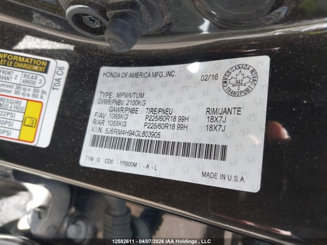 Продаж на аукціоні авто 2016 Honda Cr-v, vin: 5J6RM4H94GL803905, номер лоту: 12582611