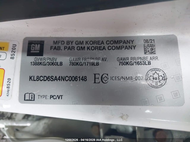 2022 Chevrolet Spark 1lt მანქანა იყიდება აუქციონზე, vin: KL8CD6SA4NC006148, აუქციონის ნომერი: 12582626