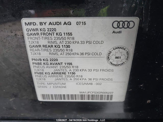 12582627 :رقم المزاد ، WA1JFCFS3GR005237 vin ، 2016 Audi Q3 مزاد بيع