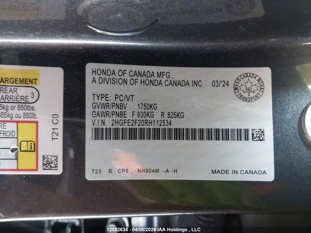 Aukcja sprzedaży 2024 Honda Civic Lx-b, vin: 2HGFE2F20RH112534, numer aukcji: 12582634