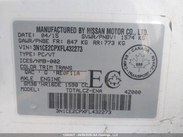 Aukcja sprzedaży 2015 Nissan Versa Note S/s Plus/sv/sl/sr, vin: 3N1CE2CPXFL432273, numer aukcji: 12582637