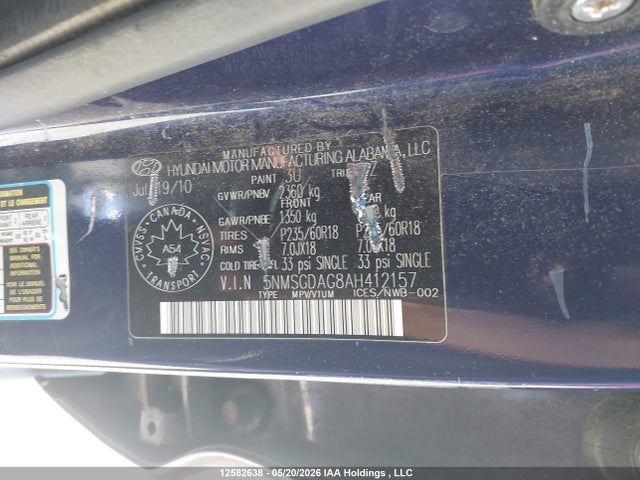 12582638 :رقم المزاد ، 5NMSGDAG8AH412157 vin ، 2010 Hyundai Santa Fe Gls مزاد بيع