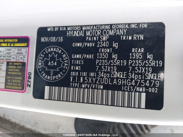5XYZUDLA9HG475479 Hyundai SANTA FE SPORT