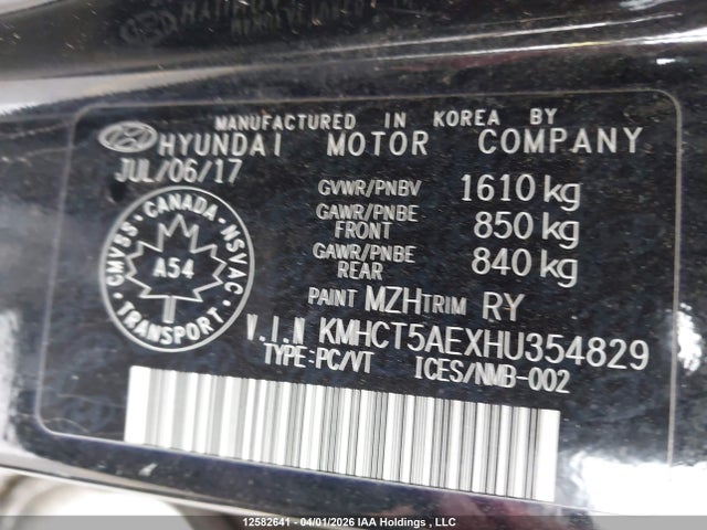 KMHCT5AEXHU354829 Hyundai ACCENT SE
