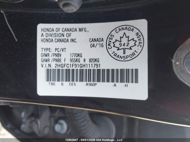2016 Honda Civic Touring მანქანა იყიდება აუქციონზე, vin: 2HGFC1F91GH111791, აუქციონის ნომერი: 12582647