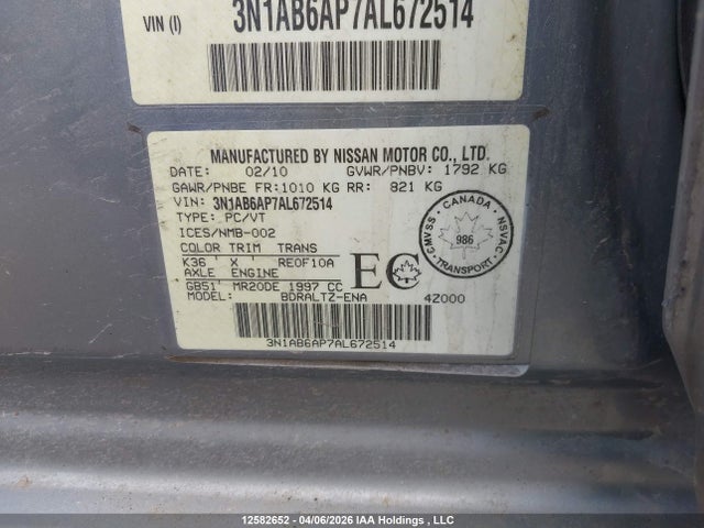Продажа на аукционе авто 2010 Nissan Sentra, vin: 3N1AB6AP7AL672514, номер лота: 12582652