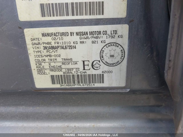 Продажа на аукционе авто 2010 Nissan Sentra, vin: 3N1AB6AP7AL672514, номер лота: 12582652