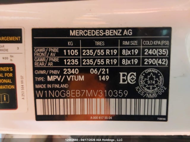 W1N0G8EB7MV310359 Mercedes-Benz Glc 300 4matic