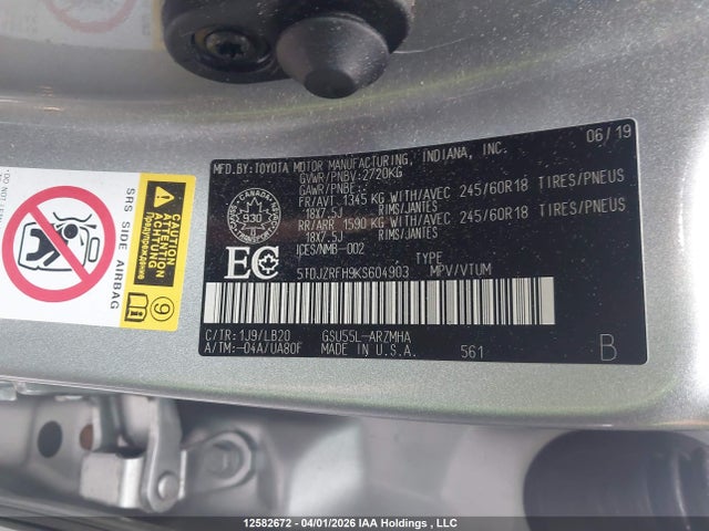 5TDJZRFH9KS604903 Toyota Highlander Xle