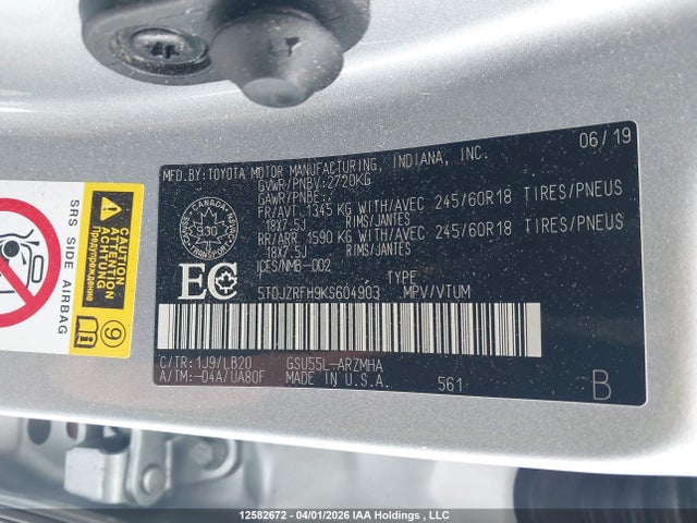 5TDJZRFH9KS604903 Toyota Highlander Xle